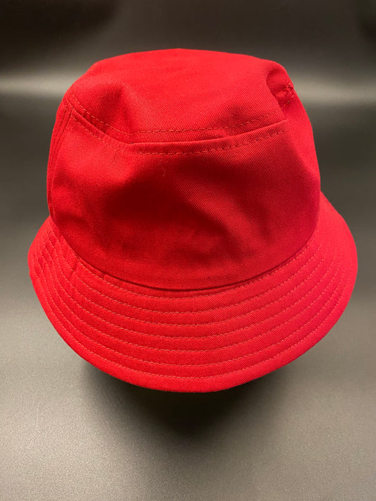 Bucket of Anxiety: Cherry red heavy cotton bucket hat with neutral coloured embroidery across the front reading ANXIOUS. Has an internal sweatband and lines sewed across the brim. 