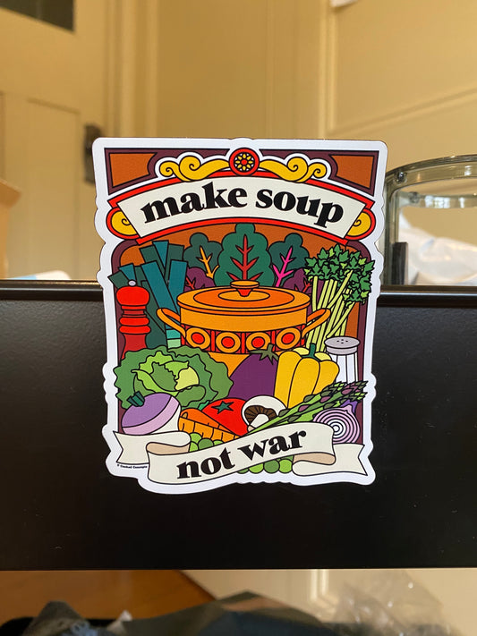 NEW ARRIVAL: Make Soup Not War Magnet - Cooked Concepts
This retro, vintage style fridge magnet is based on our Make Soup Not War Tote and features all the things you need to make soup, plus a vintage style pot to cook it in. 