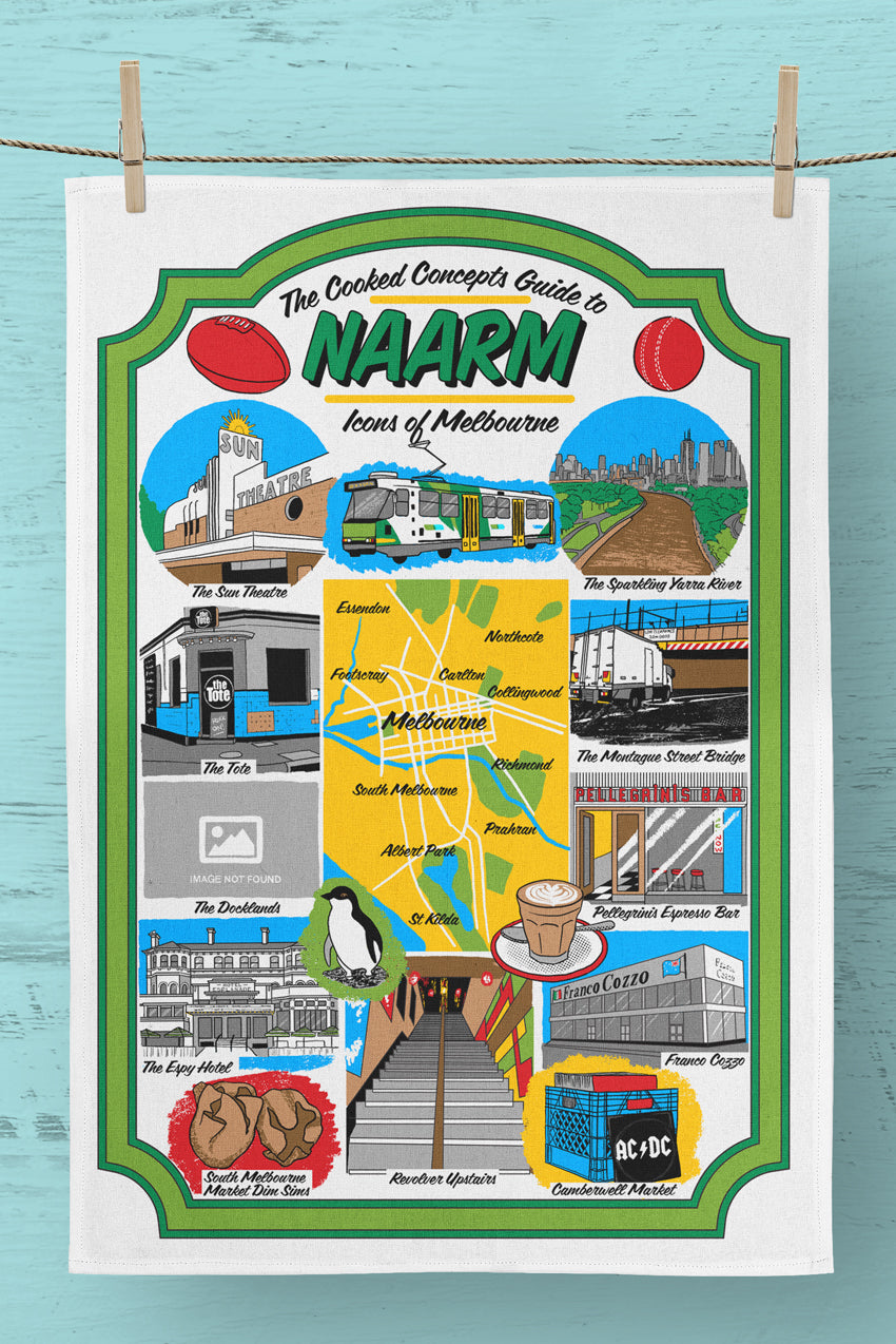 XL Icons of Naarm (Melbourne) Tea Towel - Cooked Concepts (Carrot Man, Northcote Plaza, the 86 tram, Piedemonte's, Edinburgh Gardens, Brunetti, Collingwood Children's Farm... it's all here you guise.)