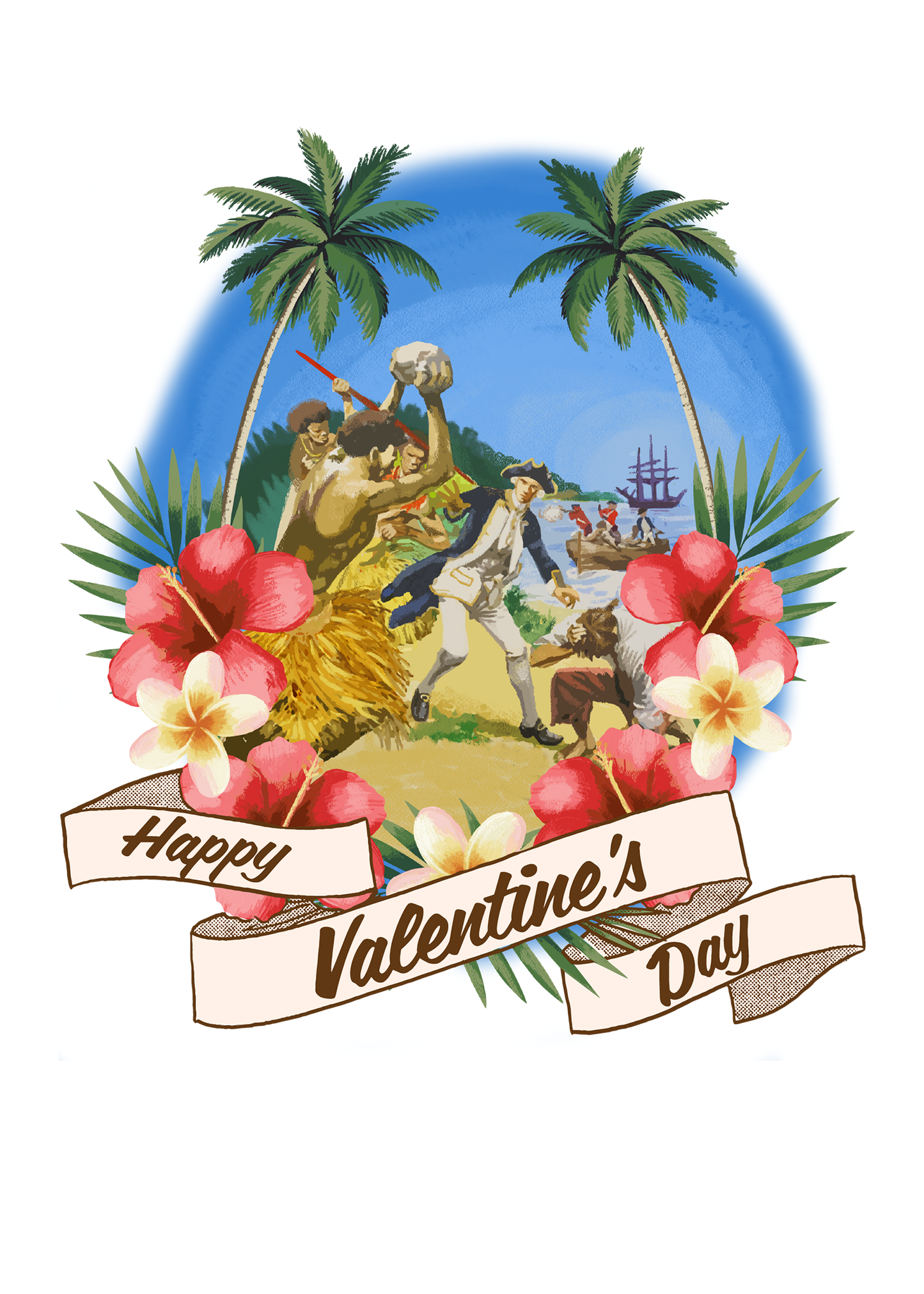 Cooked Valentine's Day Card - Cooked Concepts (Express your love for that special person in your life with this Valentine's Day card. It's glossy as hell, with our beautiful imagery on the front of Captain James Cook being dispatched by the Native Hawaiians on February 14, 1779.  Inside the card reads: You're the best thing since the Hawaiians dispatched serial coloniser Captain James Cook on February 14, 1779. Because decolonisation is sexy.)